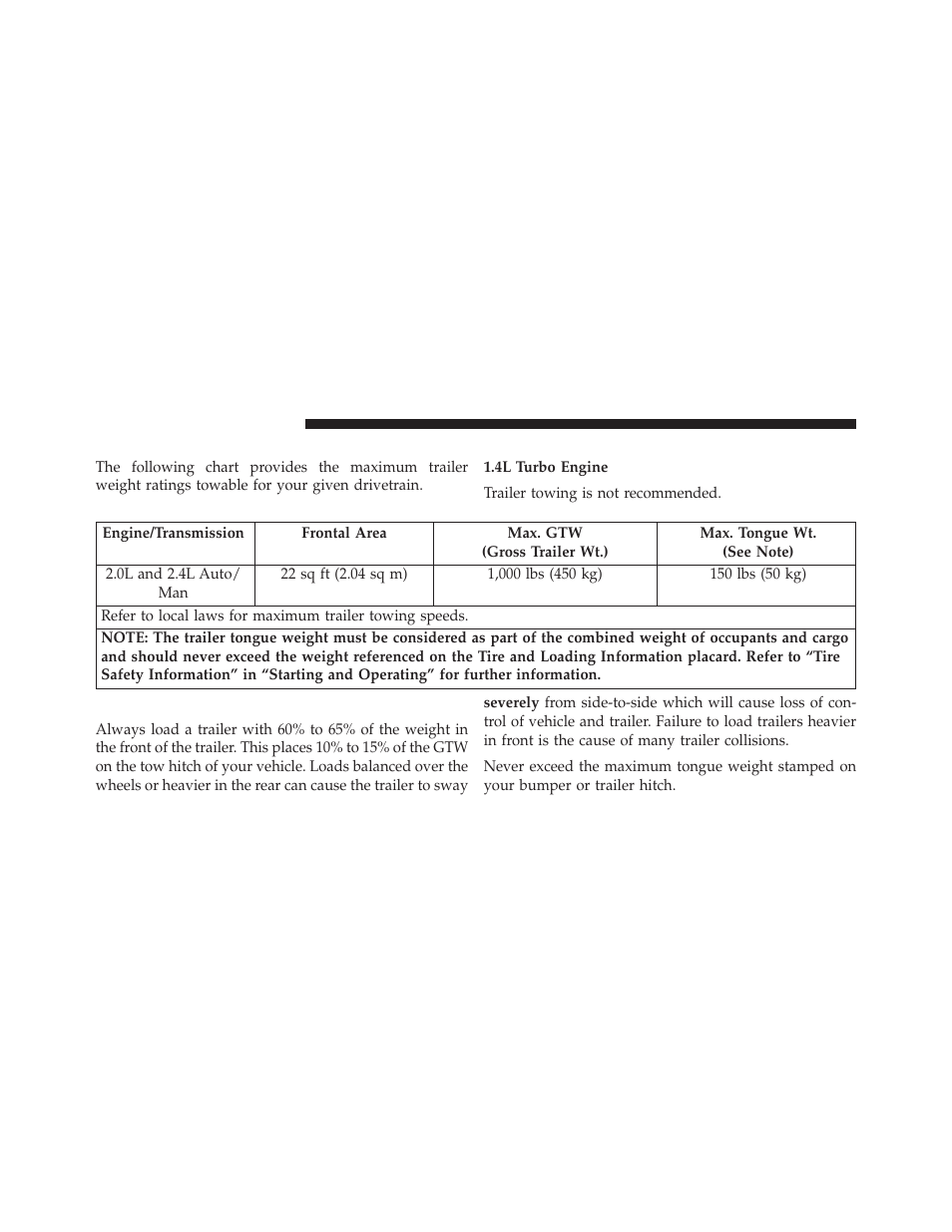 Trailer and tongue weight, Trailer towing weights (maximum, Trailer weight ratings) | Dodge 2014 Dart - Owner Manual User Manual | Page 508 / 656