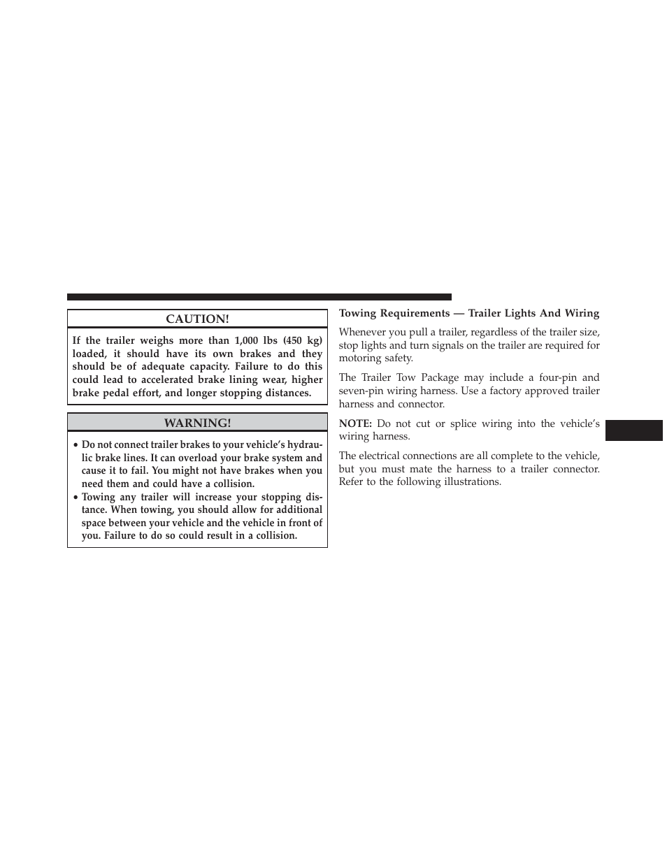 Towing requirements — trailer lights and wiring | Dodge 2014 Dart - Owner Manual User Manual | Page 513 / 656