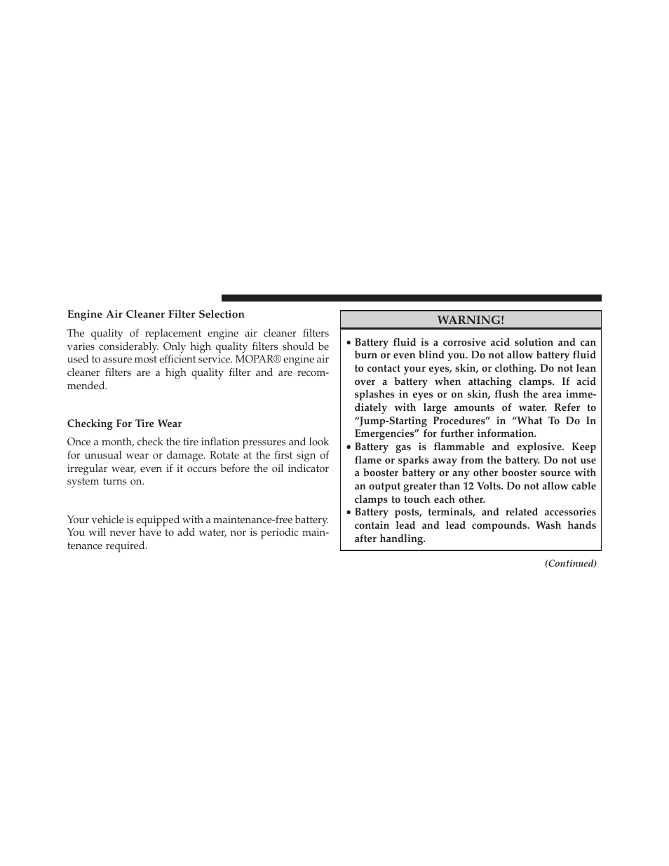 Engine air cleaner filter selection, Tires, Maintenance-free battery | Dodge 2014 Dart - Owner Manual User Manual | Page 570 / 656