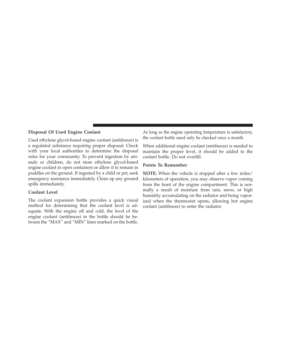 Disposal of used engine coolant, Coolant level, Points to remember | Dodge 2014 Dart - Owner Manual User Manual | Page 584 / 656