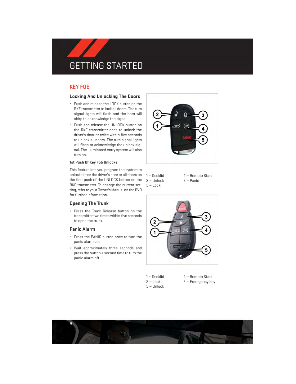 Getting started, Key fob, Locking and unlocking the doors | Opening the trunk, Panic alarm | Dodge 2014 Dart - User Guide User Manual | Page 10 / 140