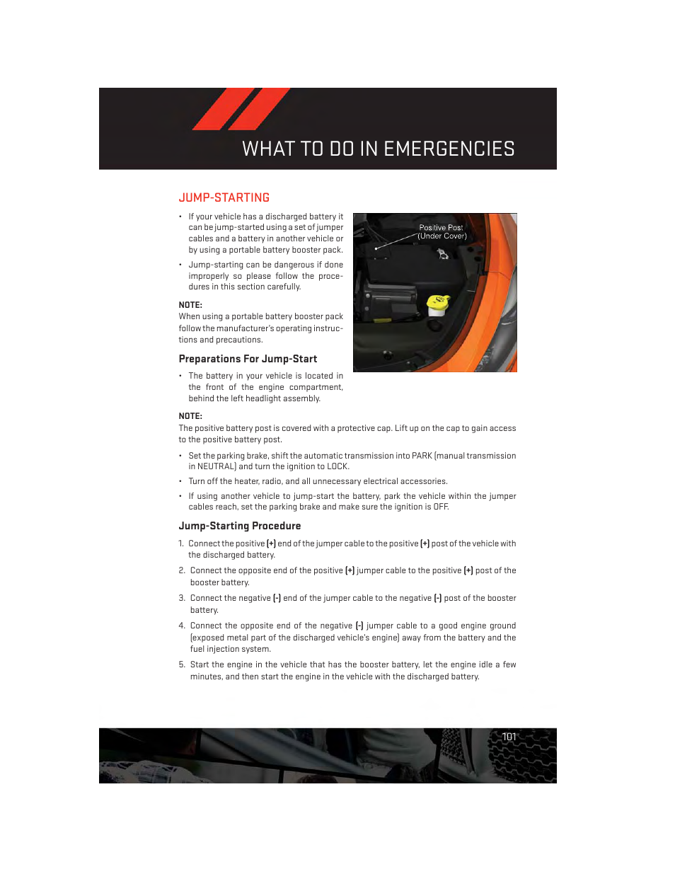 Jump-starting, Preparations for jump-start, Jump-starting procedure | What to do in emergencies | Dodge 2014 Dart - User Guide User Manual | Page 103 / 140