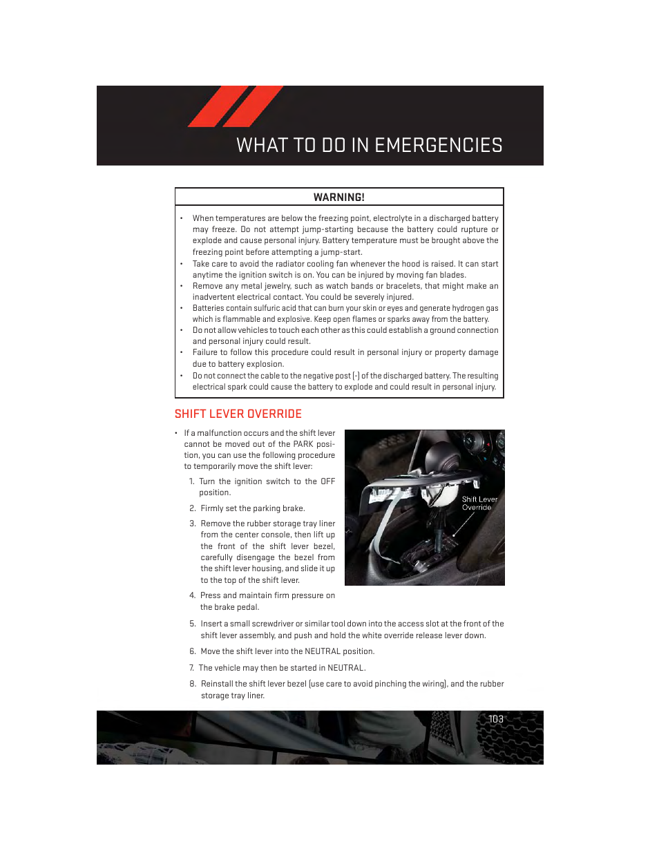 Shift lever override, What to do in emergencies | Dodge 2014 Dart - User Guide User Manual | Page 105 / 140