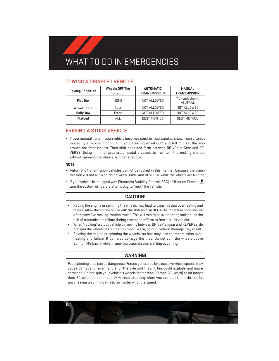 Towing a disabled vehicle, Freeing a stuck vehicle, What to do in emergencies | Caution, Warning | Dodge 2014 Dart - User Guide User Manual | Page 106 / 140