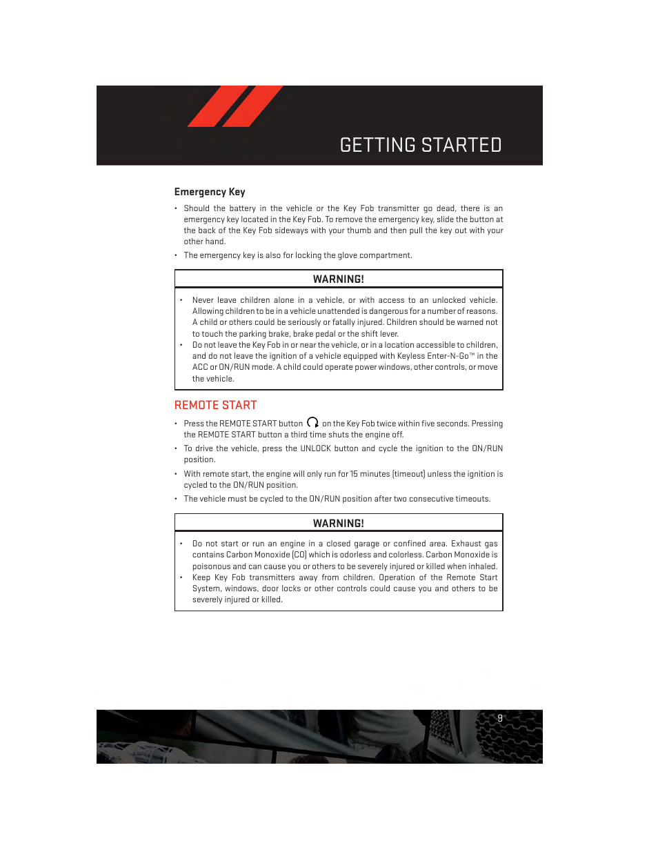 Emergency key, Remote start, Getting started | Dodge 2014 Dart - User Guide User Manual | Page 11 / 140