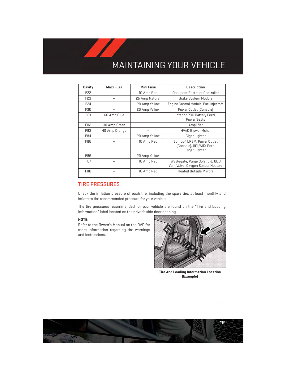 Tire pressures, Maintaining your vehicle | Dodge 2014 Dart - User Guide User Manual | Page 121 / 140