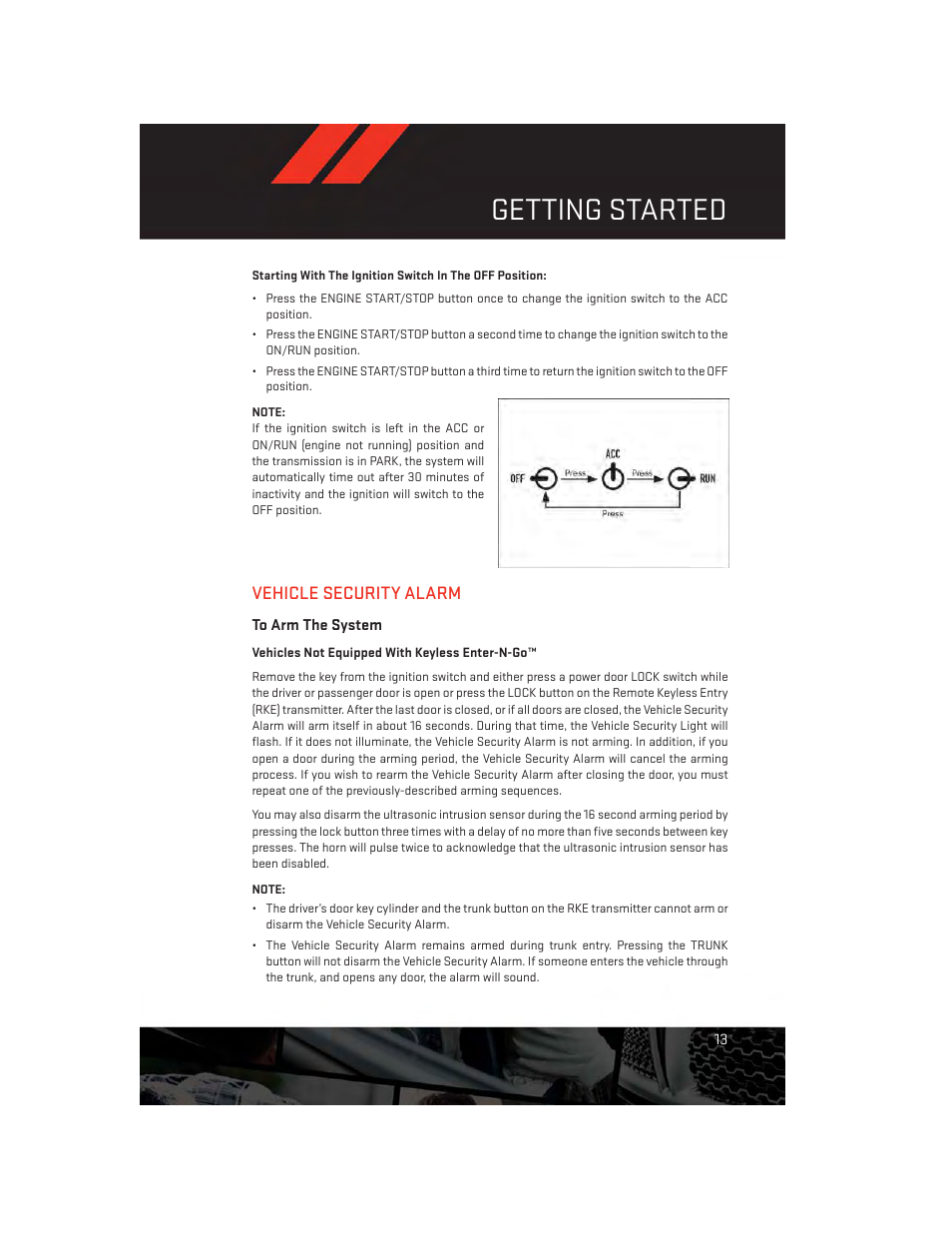 Vehicle security alarm, To arm the system, Getting started | Dodge 2014 Dart - User Guide User Manual | Page 15 / 140