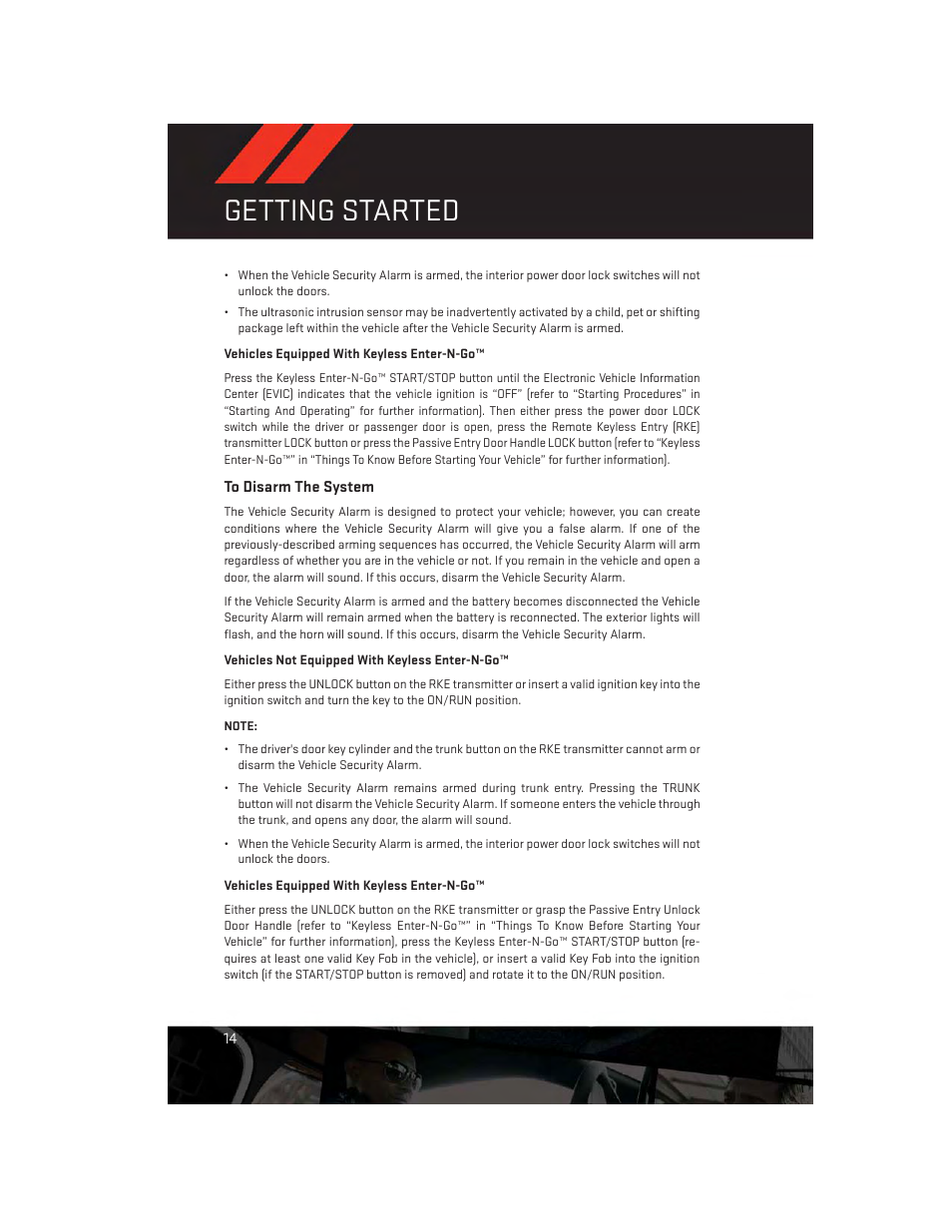 To disarm the system, Getting started | Dodge 2014 Dart - User Guide User Manual | Page 16 / 140