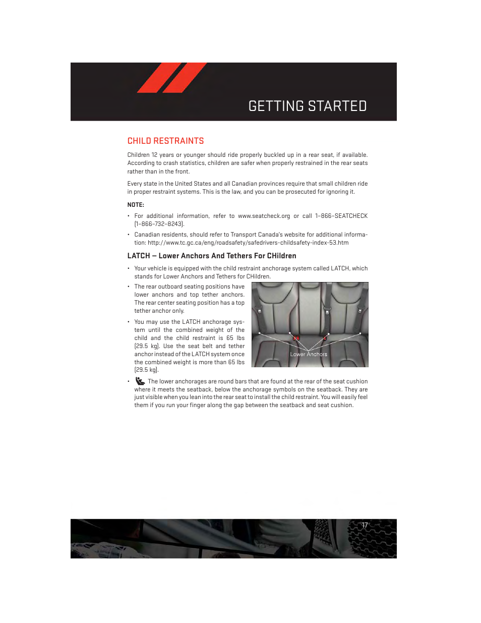 Child restraints, Latch — lower anchors and tethers for children, Getting started | Dodge 2014 Dart - User Guide User Manual | Page 19 / 140