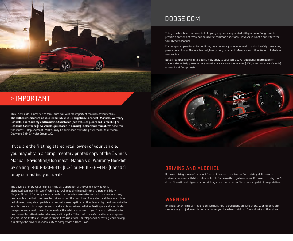 Warning, Driving and alcohol | Dodge 2014 Dart - User Guide User Manual | Page 2 / 140