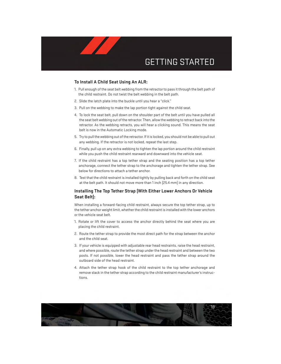 To install a child seat using an alr, Getting started | Dodge 2014 Dart - User Guide User Manual | Page 21 / 140