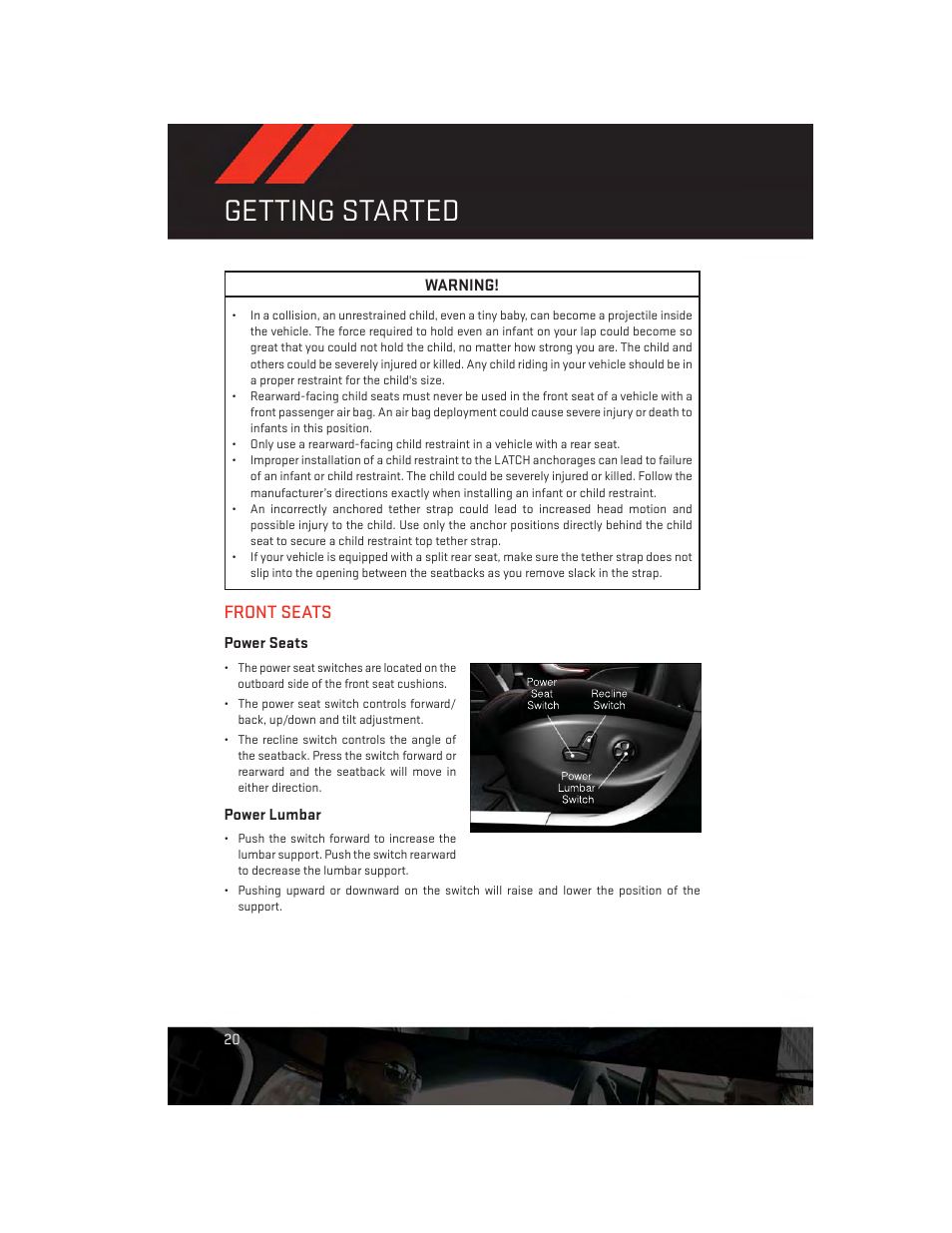 Front seats, Power seats, Power lumbar | Getting started | Dodge 2014 Dart - User Guide User Manual | Page 22 / 140