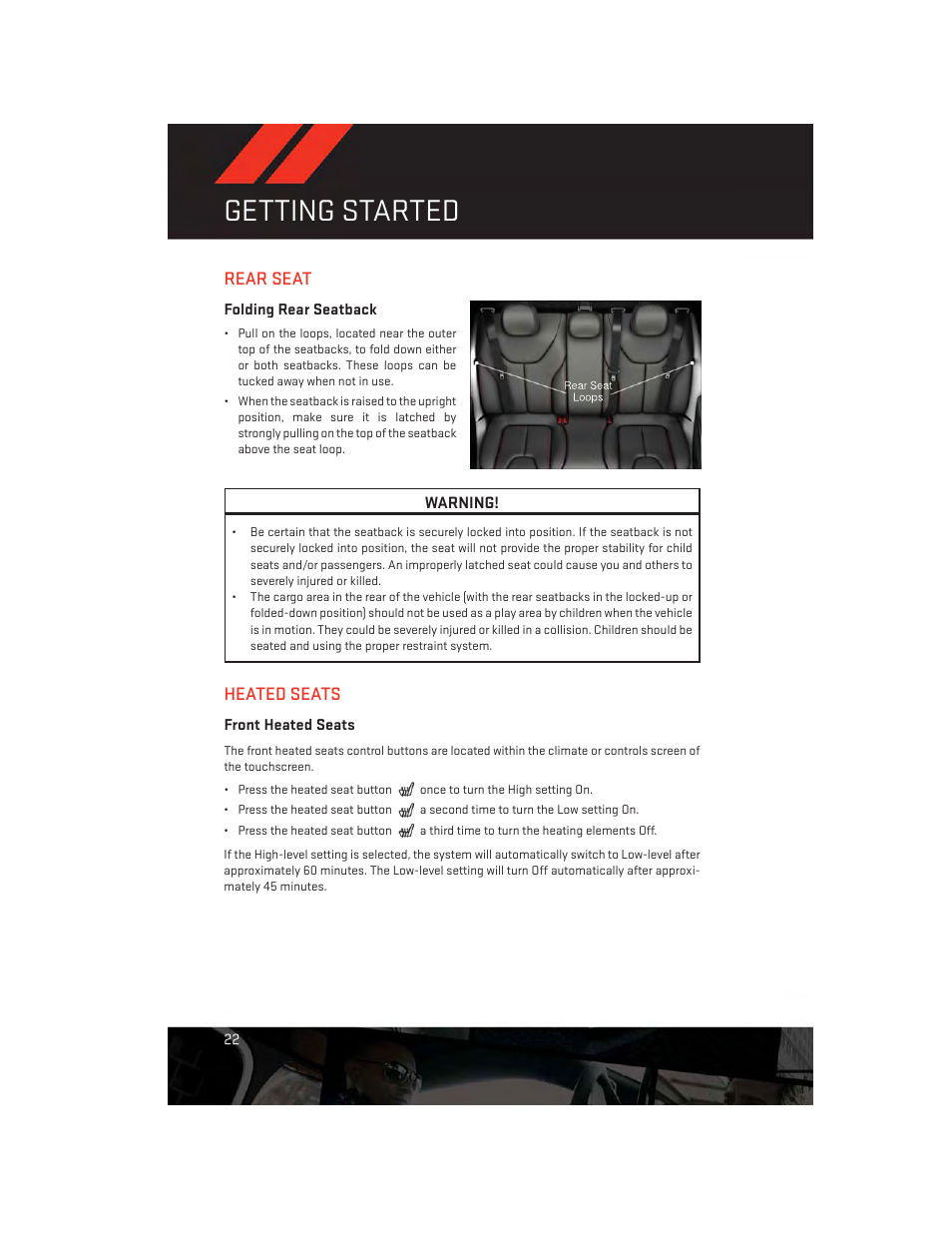 Rear seat, Folding rear seatback, Heated seats | Front heated seats, Getting started | Dodge 2014 Dart - User Guide User Manual | Page 24 / 140