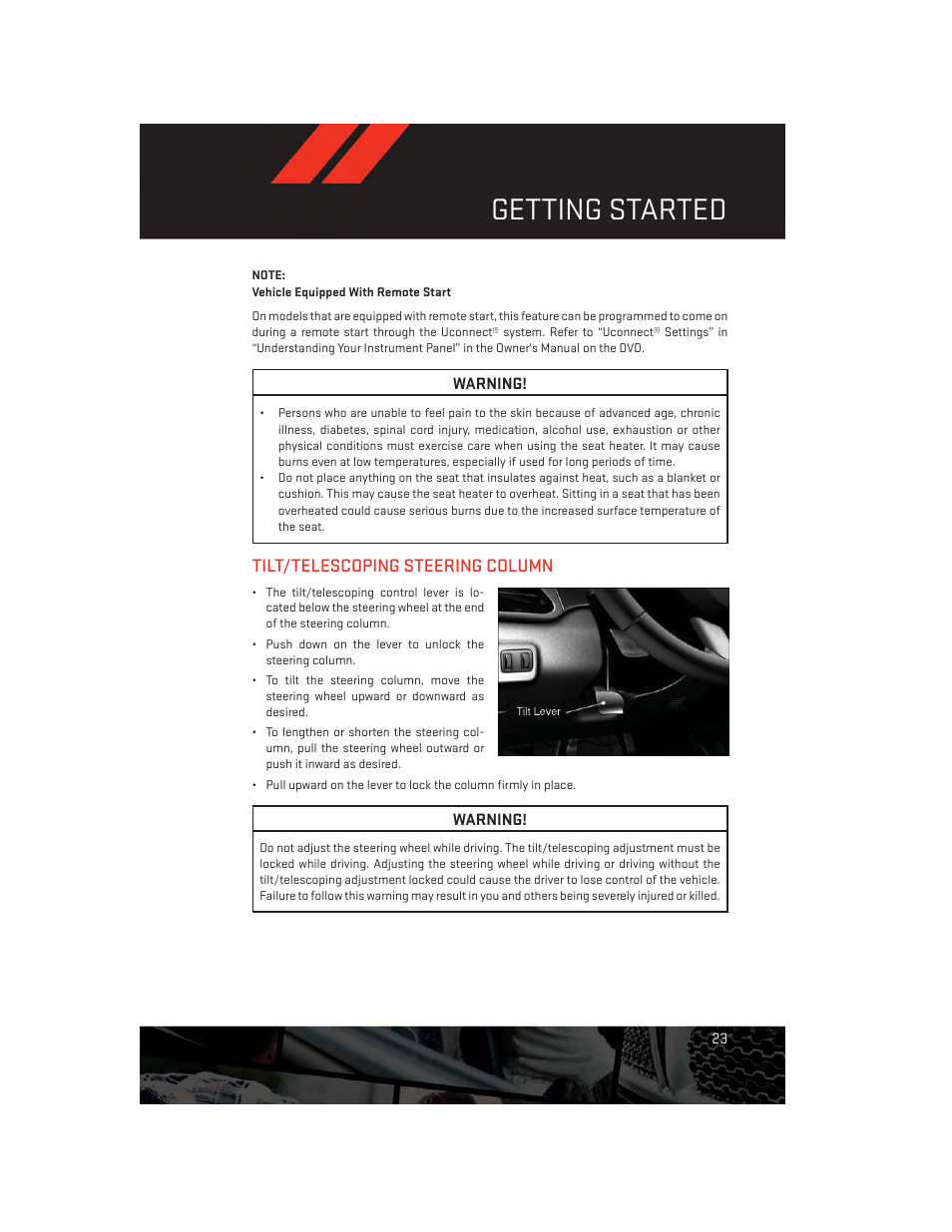 Tilt/telescoping steering column, Getting started | Dodge 2014 Dart - User Guide User Manual | Page 25 / 140