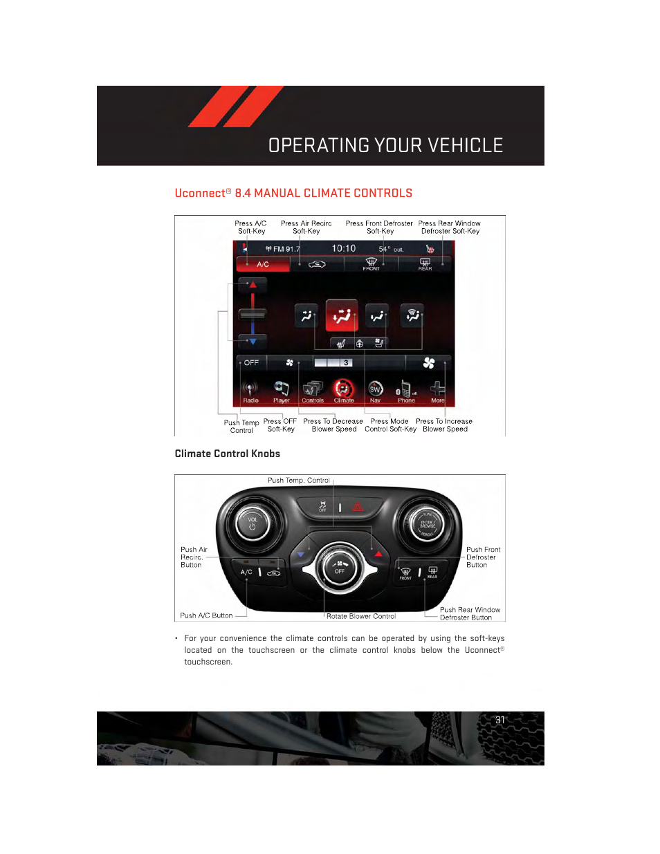 Uconnect® 8.4 manual climate controls, Climate control knobs, Operating your vehicle | Dodge 2014 Dart - User Guide User Manual | Page 33 / 140
