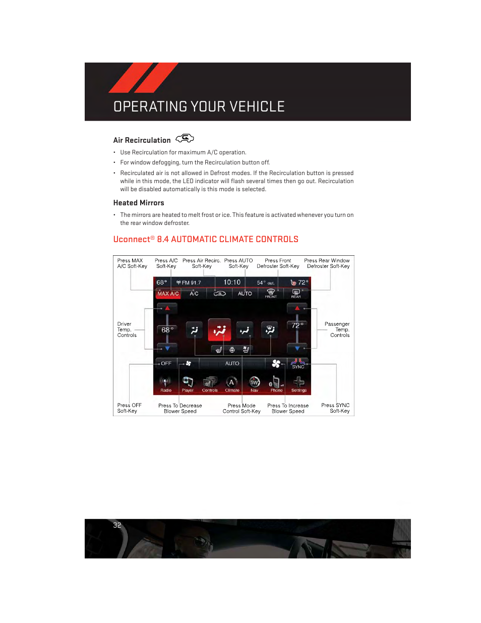 Air recirculation, Heated mirrors, Uconnect® 8.4 automatic climate controls | Operating your vehicle | Dodge 2014 Dart - User Guide User Manual | Page 34 / 140