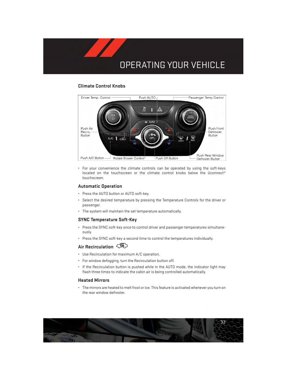 Climate control knobs, Automatic operation, Sync temperature soft-key | Air recirculation, Heated mirrors, Operating your vehicle | Dodge 2014 Dart - User Guide User Manual | Page 35 / 140
