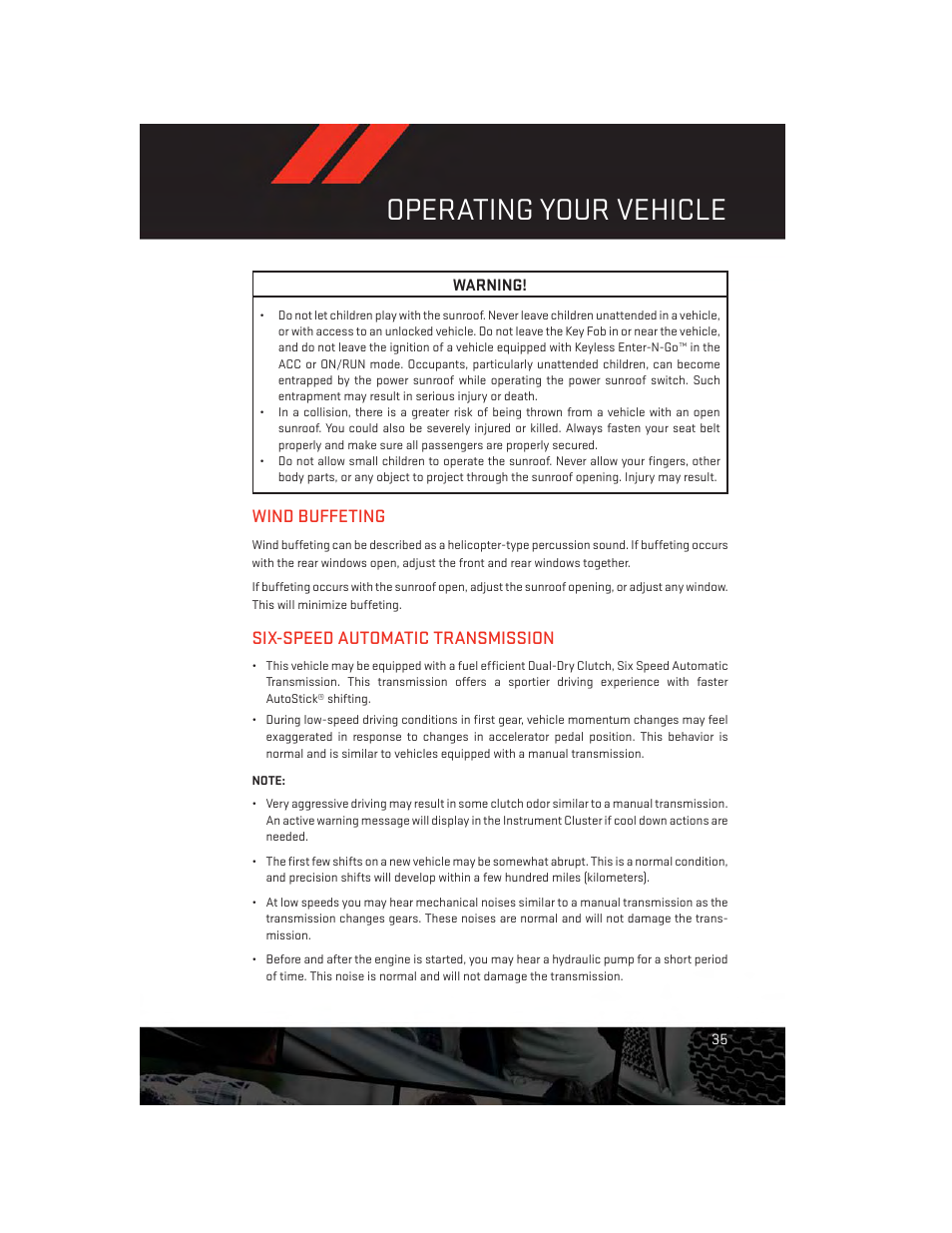 Wind buffeting, Six-speed automatic transmission, Operating your vehicle | Dodge 2014 Dart - User Guide User Manual | Page 37 / 140