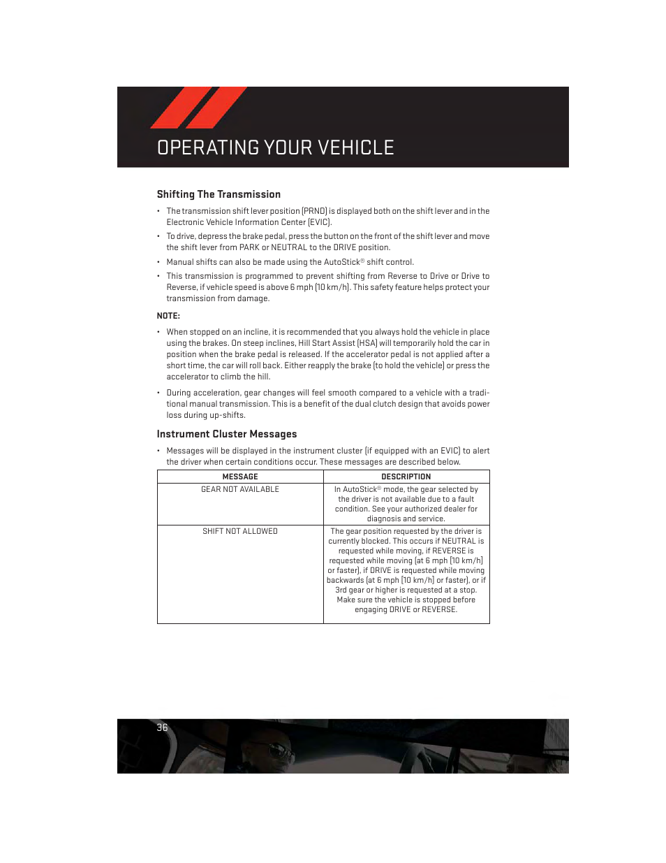 Shifting the transmission, Instrument cluster messages, Operating your vehicle | Dodge 2014 Dart - User Guide User Manual | Page 38 / 140