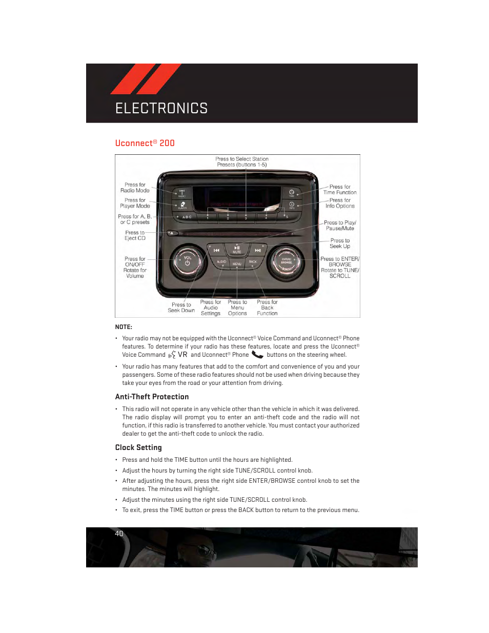 Uconnect® 200, Anti-theft protection, Clock setting | Electronics | Dodge 2014 Dart - User Guide User Manual | Page 42 / 140