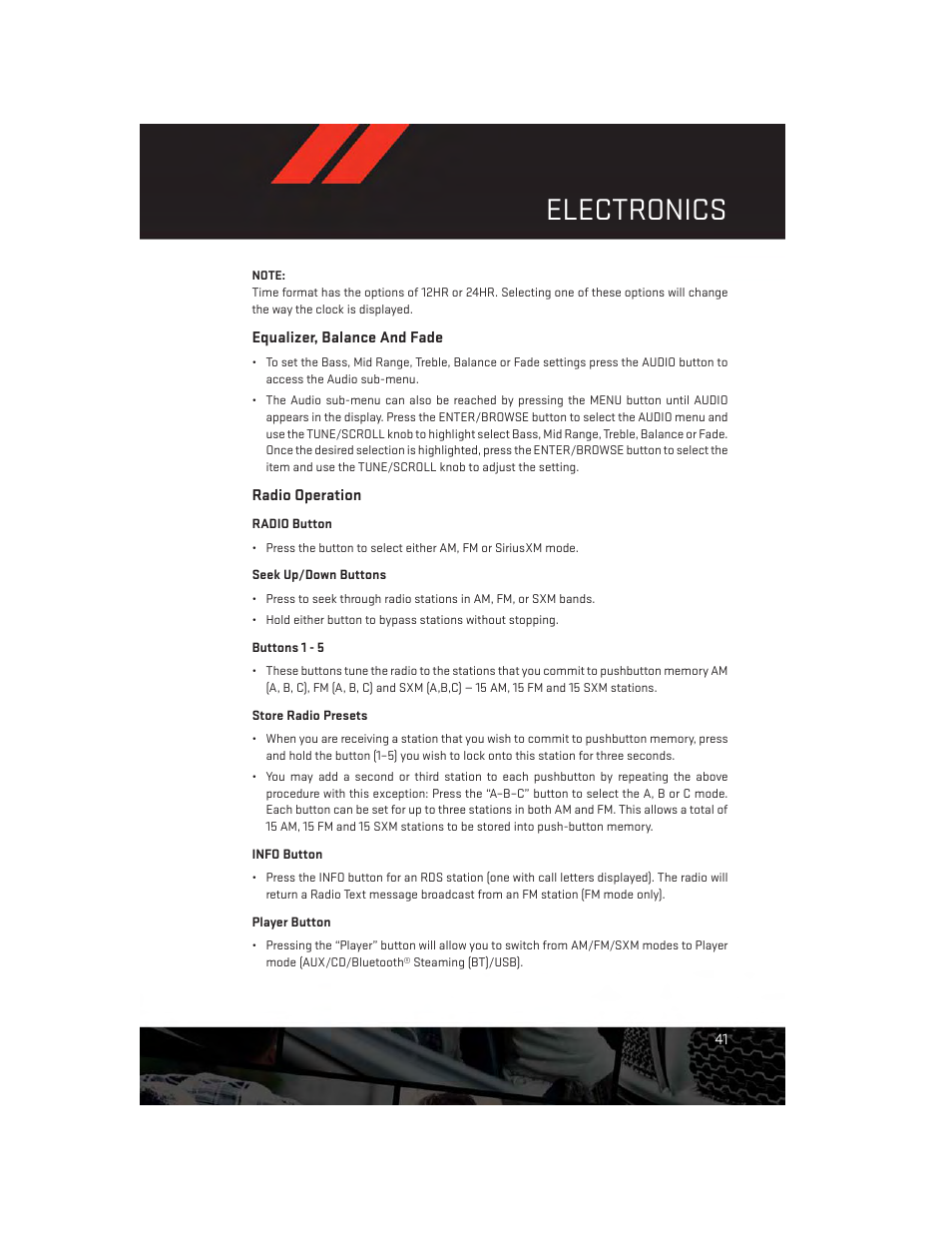 Equalizer, balance and fade, Radio operation, Electronics | Dodge 2014 Dart - User Guide User Manual | Page 43 / 140