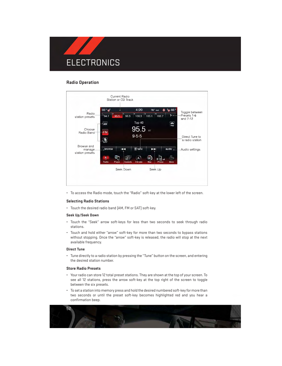 Radio operation, Electronics | Dodge 2014 Dart - User Guide User Manual | Page 54 / 140