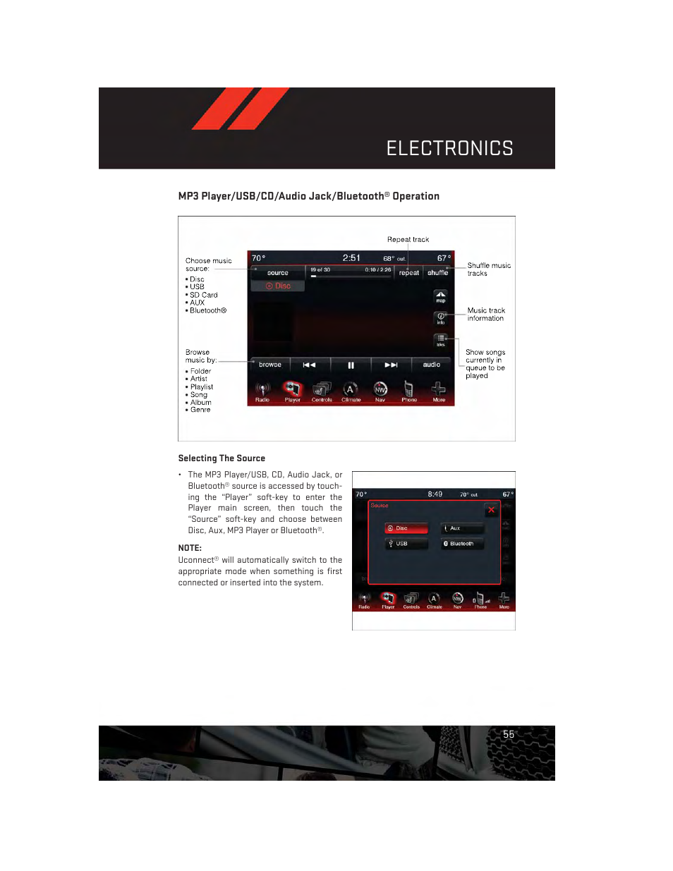 Mp3 player/usb/cd/audio jack/bluetooth® operation, Electronics | Dodge 2014 Dart - User Guide User Manual | Page 57 / 140