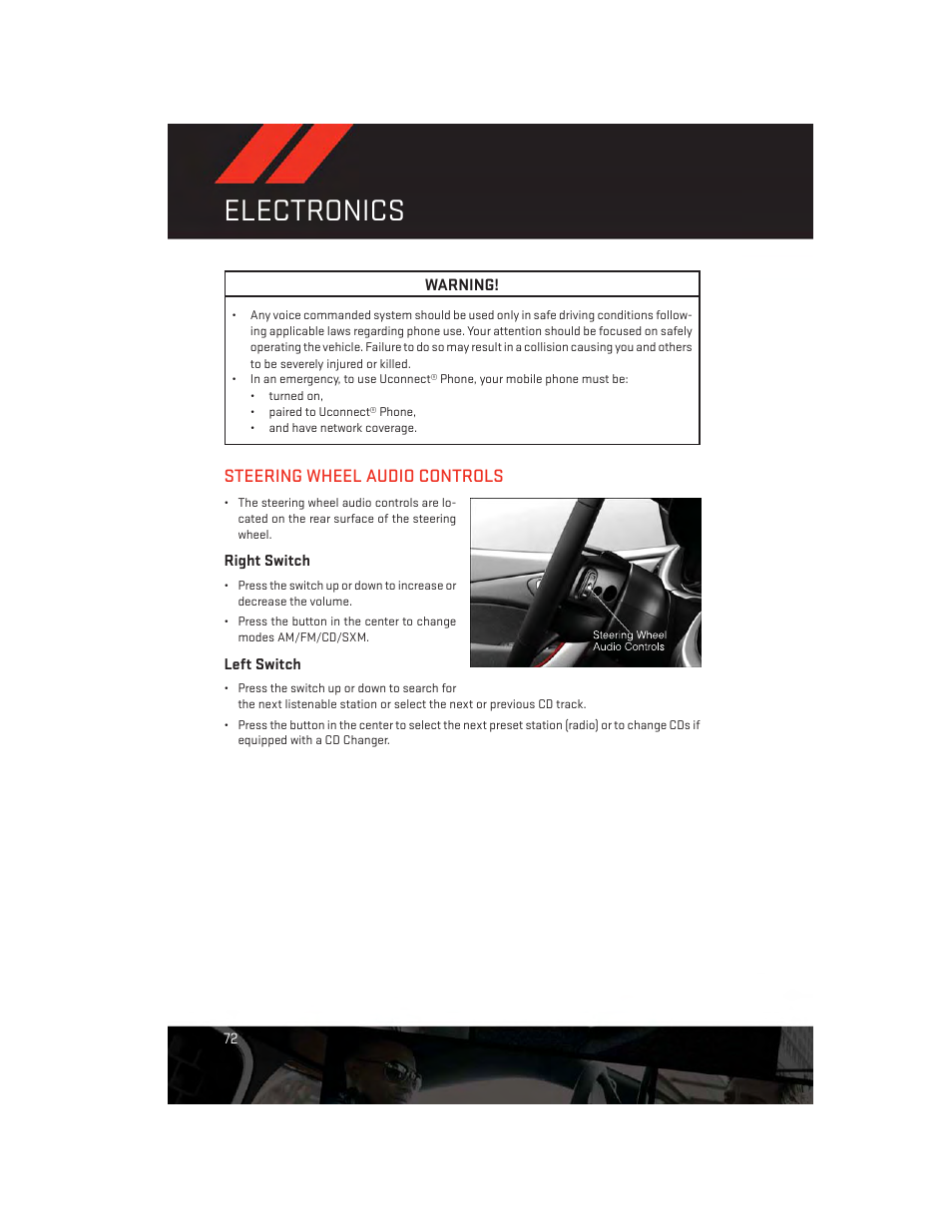 Steering wheel audio controls, Right switch, Left switch | Electronics | Dodge 2014 Dart - User Guide User Manual | Page 74 / 140