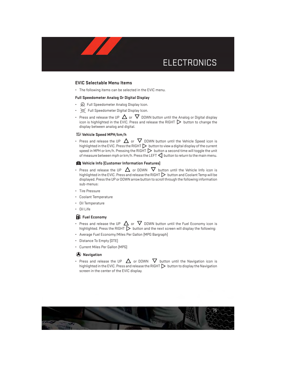 Evic selectable menu items, Electronics | Dodge 2014 Dart - User Guide User Manual | Page 77 / 140