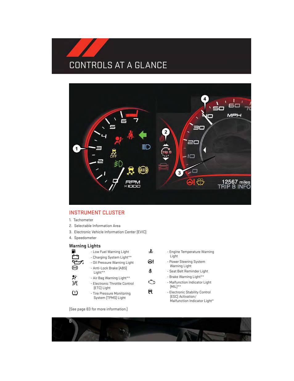 Instrument cluster, Warning lights, Controls at a glance | Dodge 2014 Dart - User Guide User Manual | Page 8 / 140