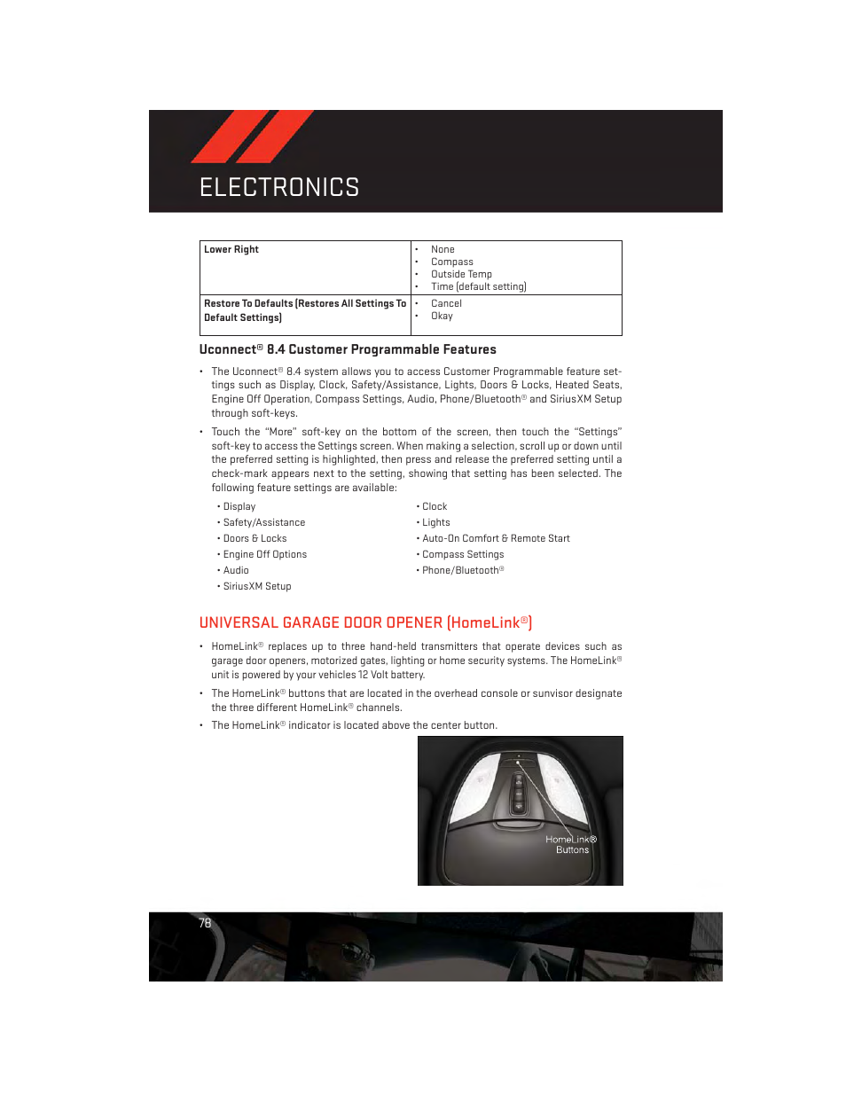 Uconnect® 8.4 customer programmable features, Universal garage door opener (homelink®), Electronics | Dodge 2014 Dart - User Guide User Manual | Page 80 / 140