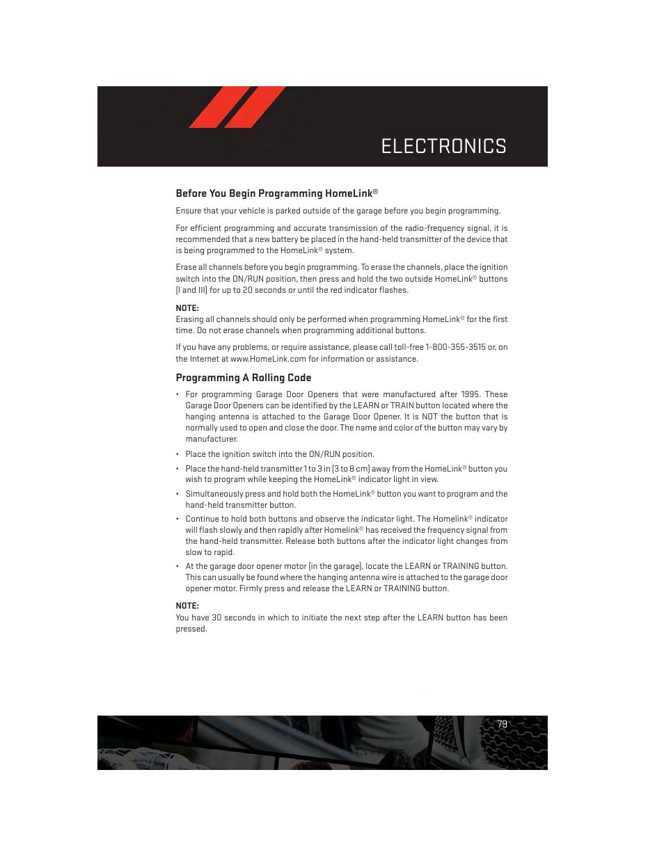 Before you begin programming homelink, Programming a rolling code, Electronics | Dodge 2014 Dart - User Guide User Manual | Page 81 / 140