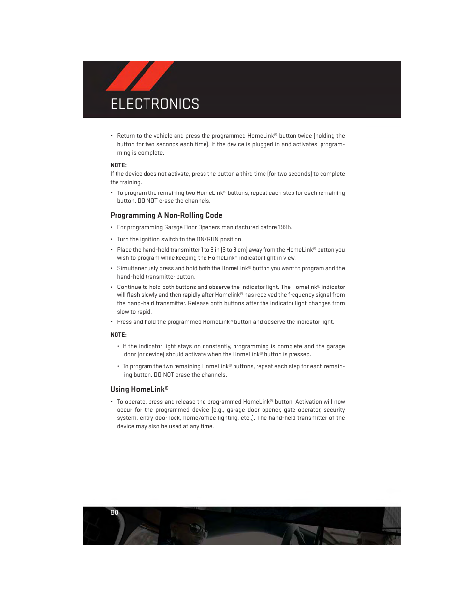 Programming a non-rolling code, Using homelink, Electronics | Dodge 2014 Dart - User Guide User Manual | Page 82 / 140