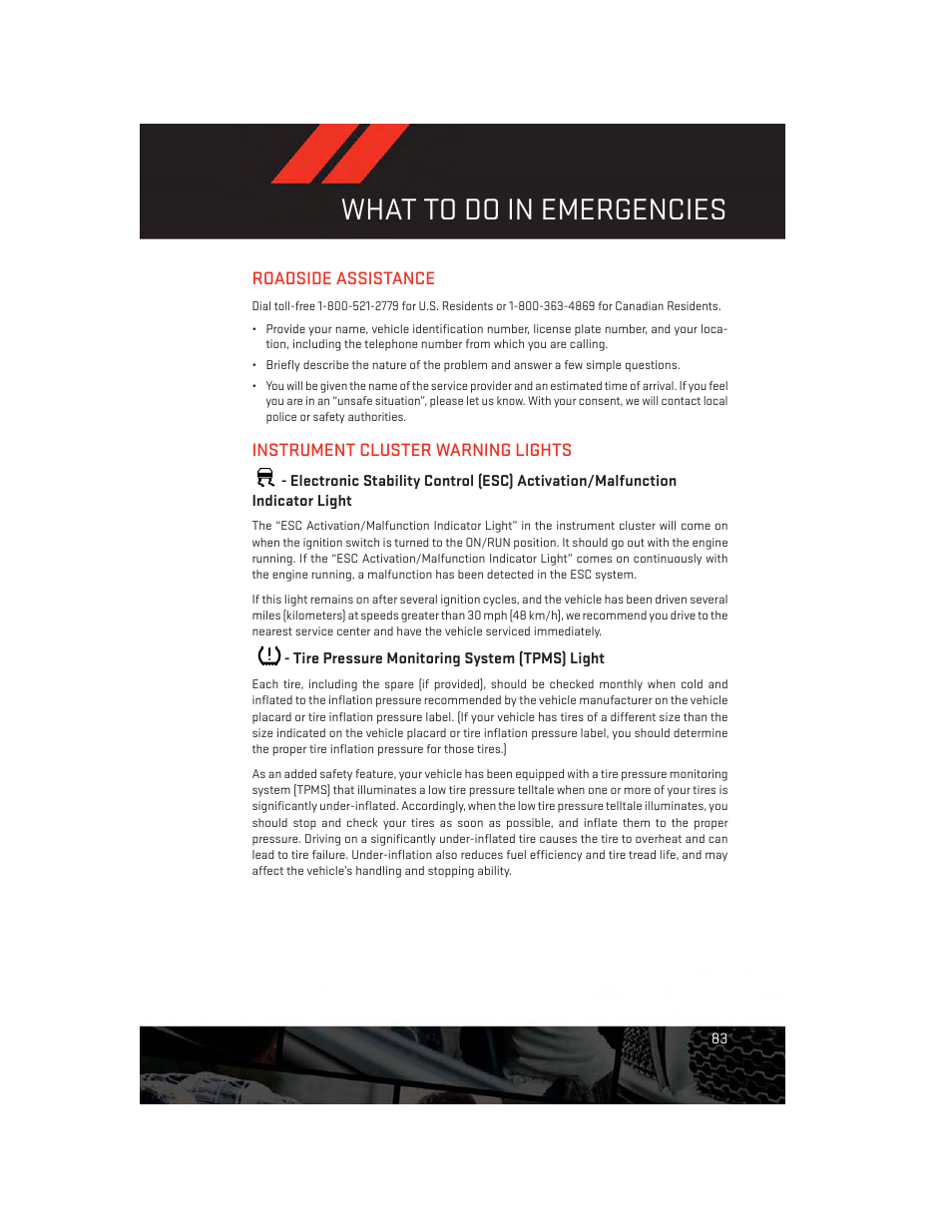 What to do in emergencies, Roadside assistance, Instrument cluster warning lights | Tire pressure monitoring system (tpms) light | Dodge 2014 Dart - User Guide User Manual | Page 85 / 140