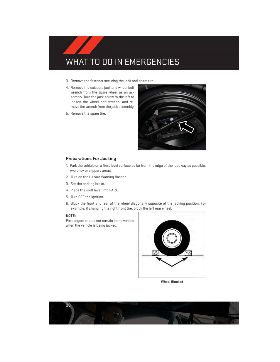 Preparations for jacking, What to do in emergencies | Dodge 2014 Dart - User Guide User Manual | Page 92 / 140