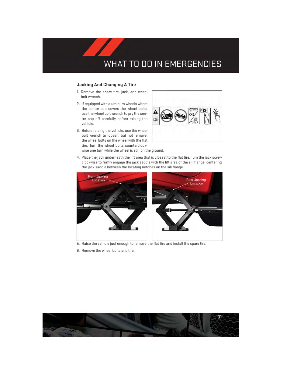 Jacking and changing a tire, What to do in emergencies | Dodge 2014 Dart - User Guide User Manual | Page 93 / 140