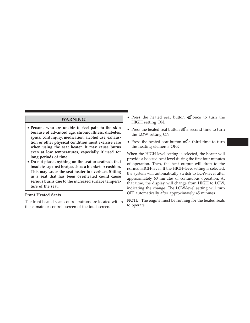 Front heated seats | Dodge 2014 Durango - Owner Manual User Manual | Page 153 / 664