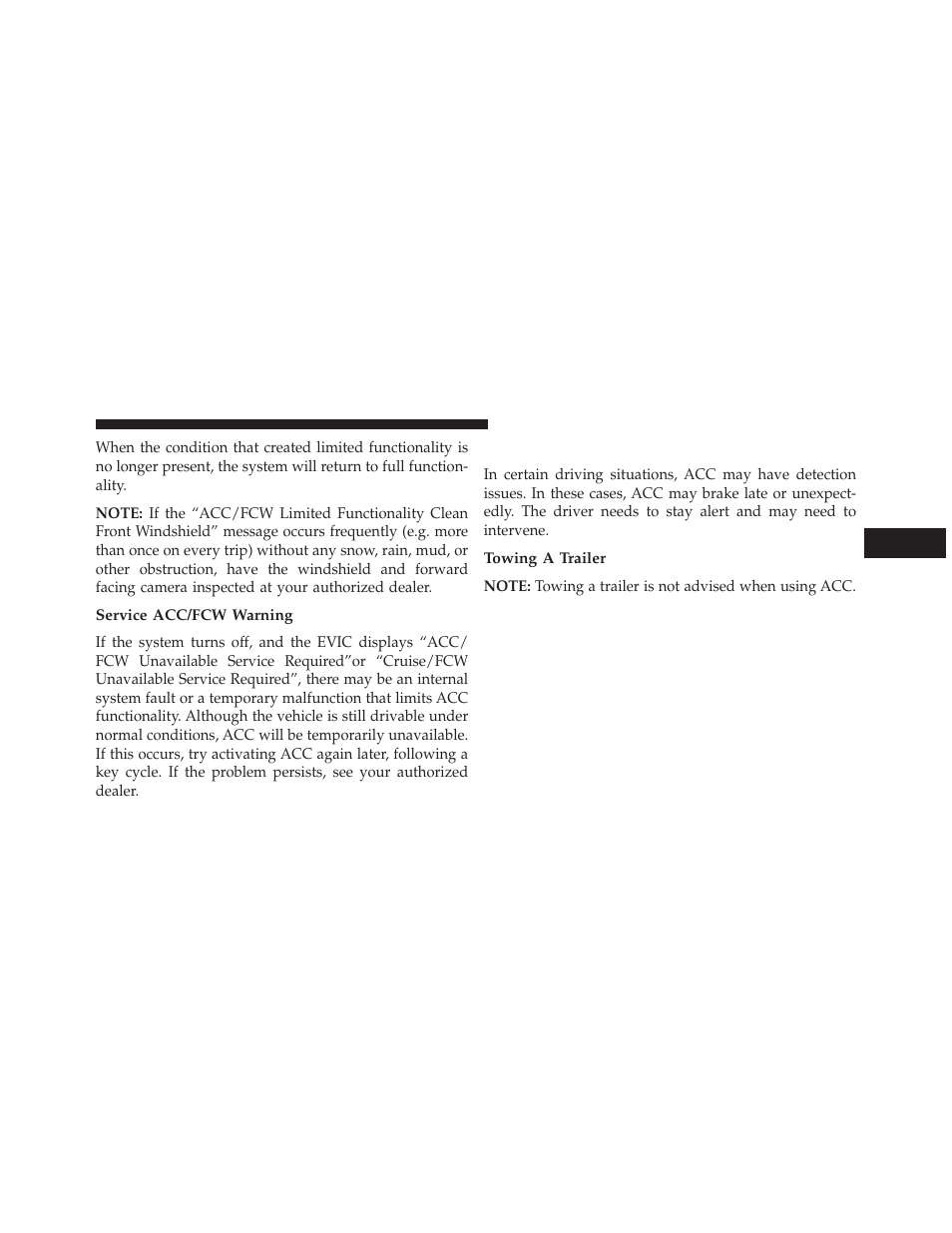 Service acc/fcw warning, Precautions while driving with acc, Towing a trailer | Dodge 2014 Durango - Owner Manual User Manual | Page 219 / 664