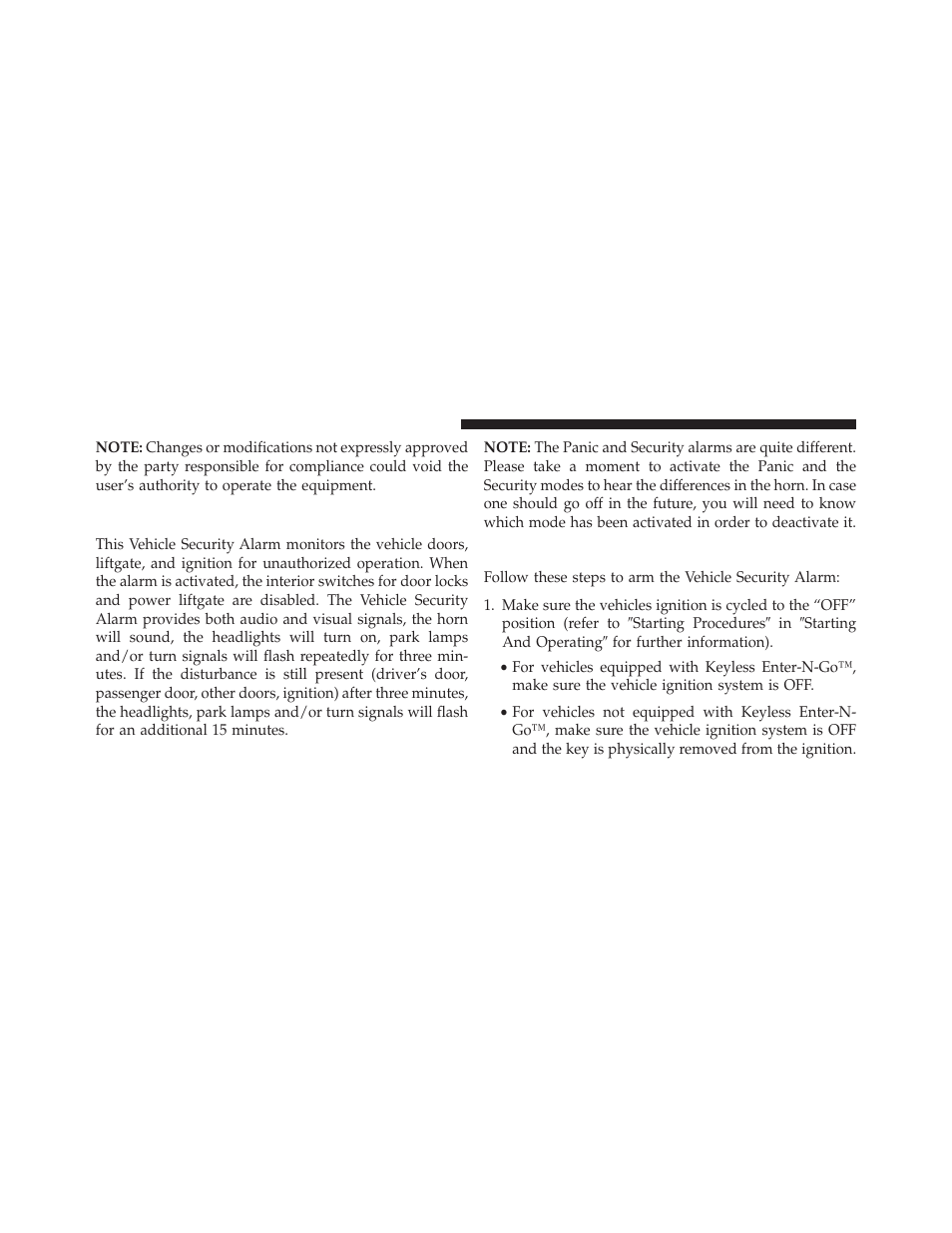 Vehicle security alarm — if equipped, To arm the system | Dodge 2014 Durango - Owner Manual User Manual | Page 22 / 664