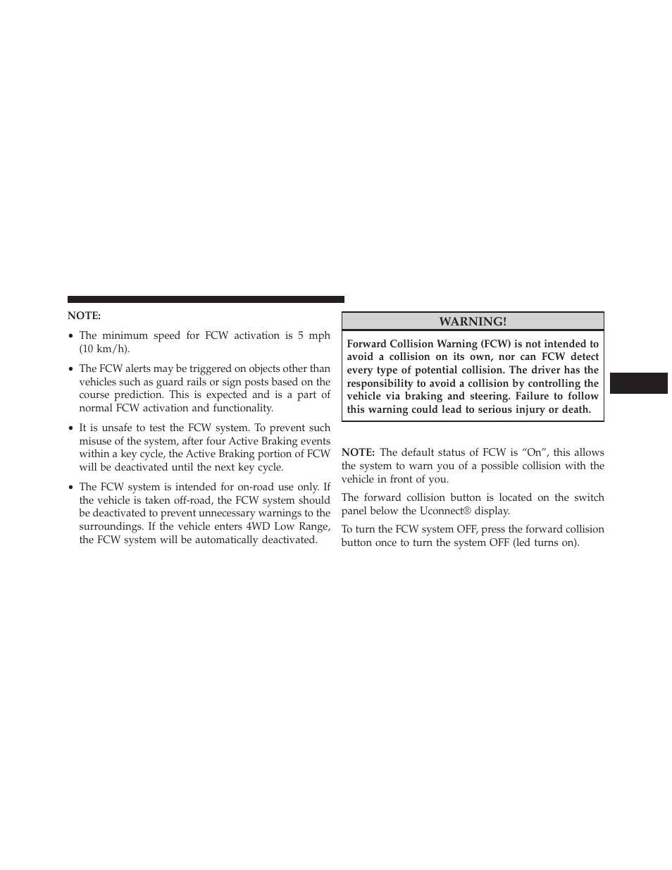 Turning fcw on or off | Dodge 2014 Durango - Owner Manual User Manual | Page 229 / 664