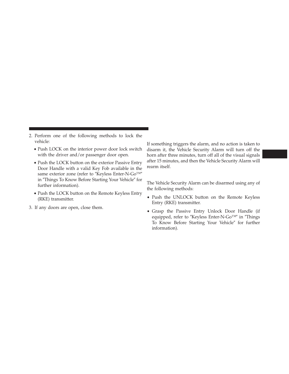 Rearming the system, To disarm the system | Dodge 2014 Durango - Owner Manual User Manual | Page 23 / 664