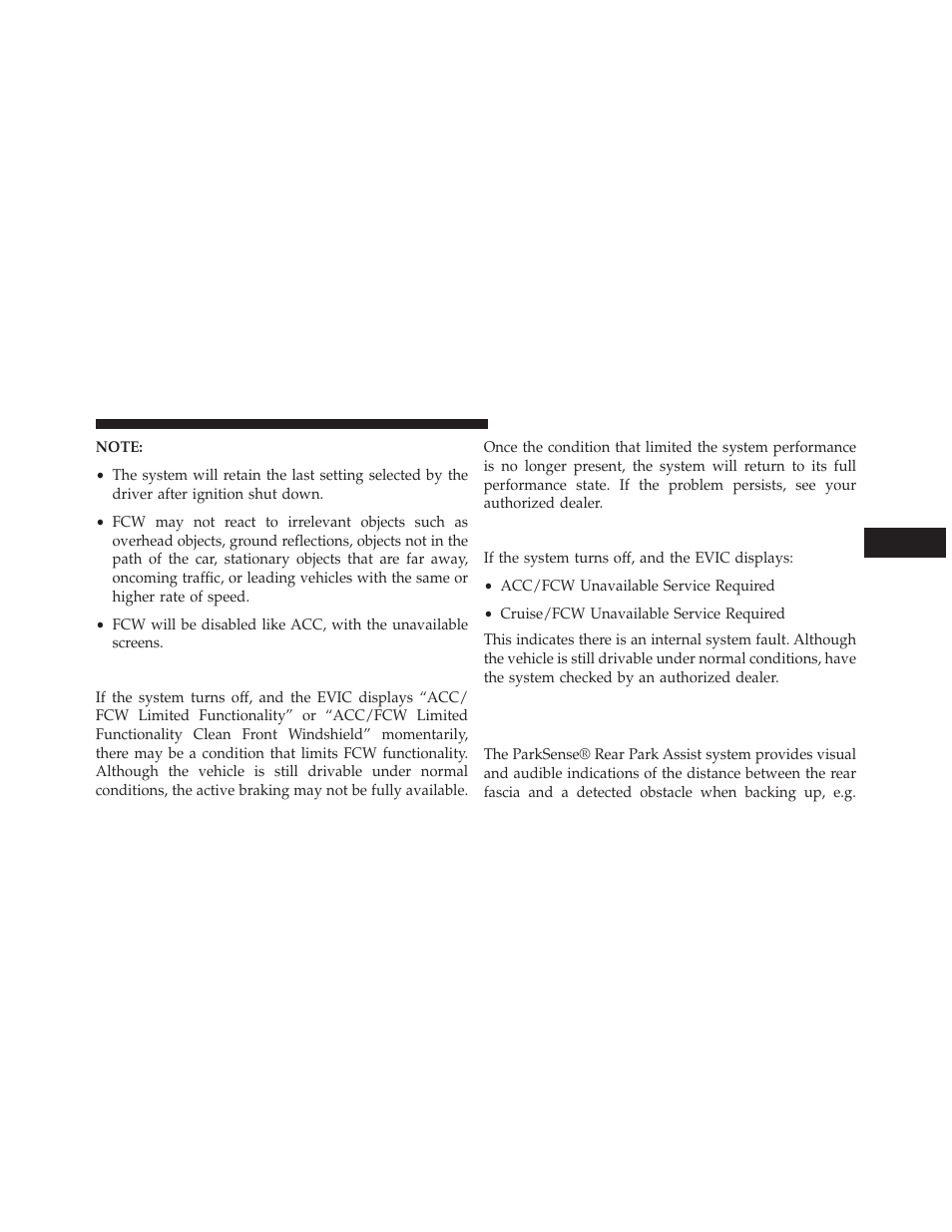 Fcw limited warning, Service fcw warning, Parksense® rear park assist — if equipped | Parksense® rear park assist — if, Equipped | Dodge 2014 Durango - Owner Manual User Manual | Page 231 / 664