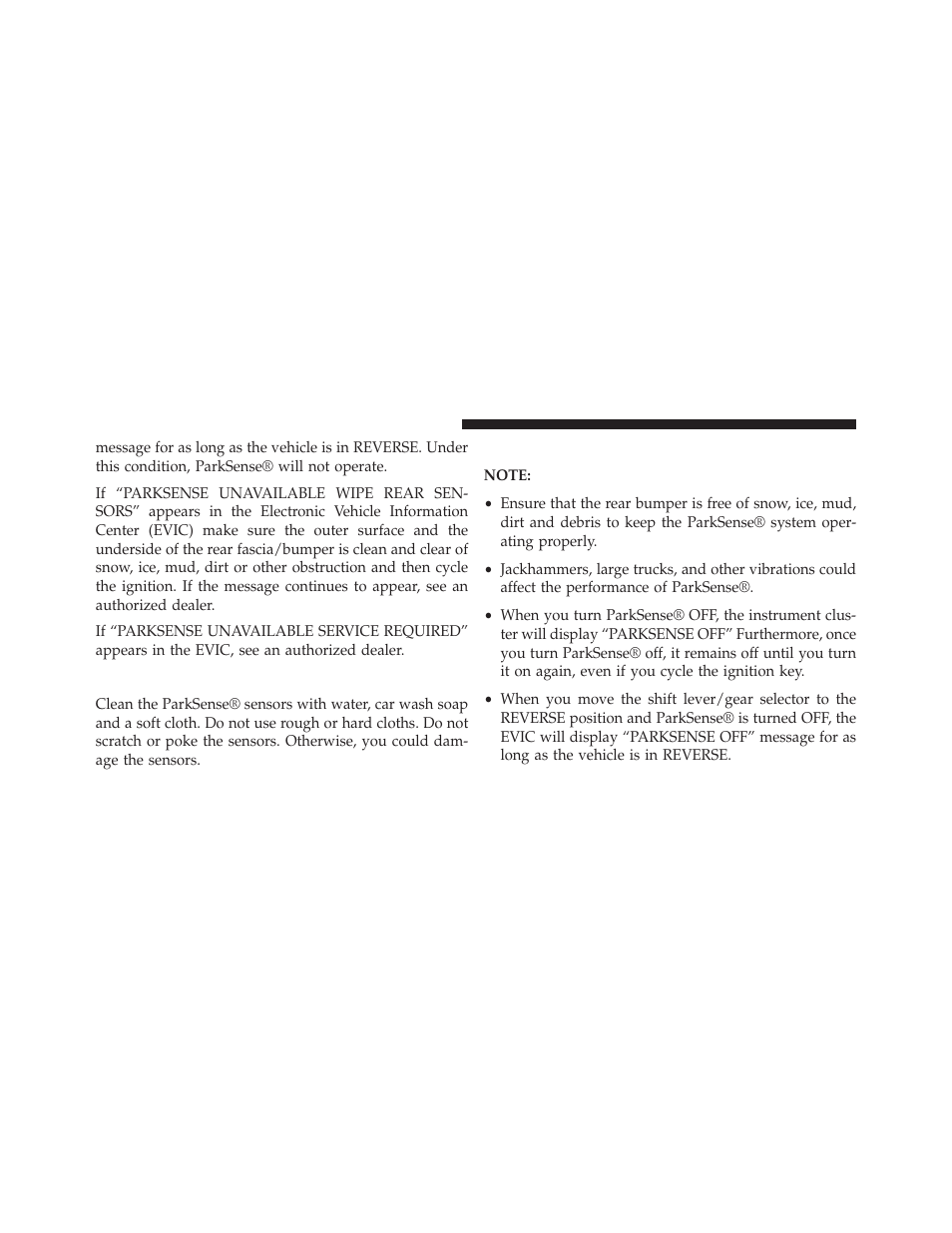 Cleaning the parksense® system, Parksense® system usage precautions | Dodge 2014 Durango - Owner Manual User Manual | Page 238 / 664