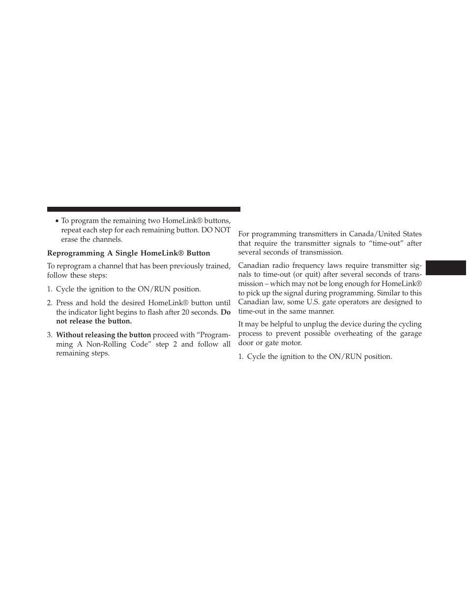 Reprogramming a single homelink® button, Canadian/gate operator programming | Dodge 2014 Durango - Owner Manual User Manual | Page 251 / 664
