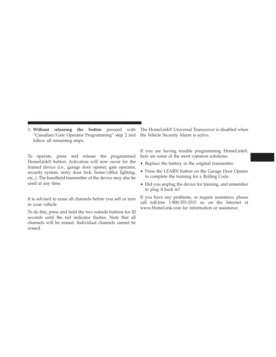 Using homelink, Security, Troubleshooting tips | Dodge 2014 Durango - Owner Manual User Manual | Page 253 / 664