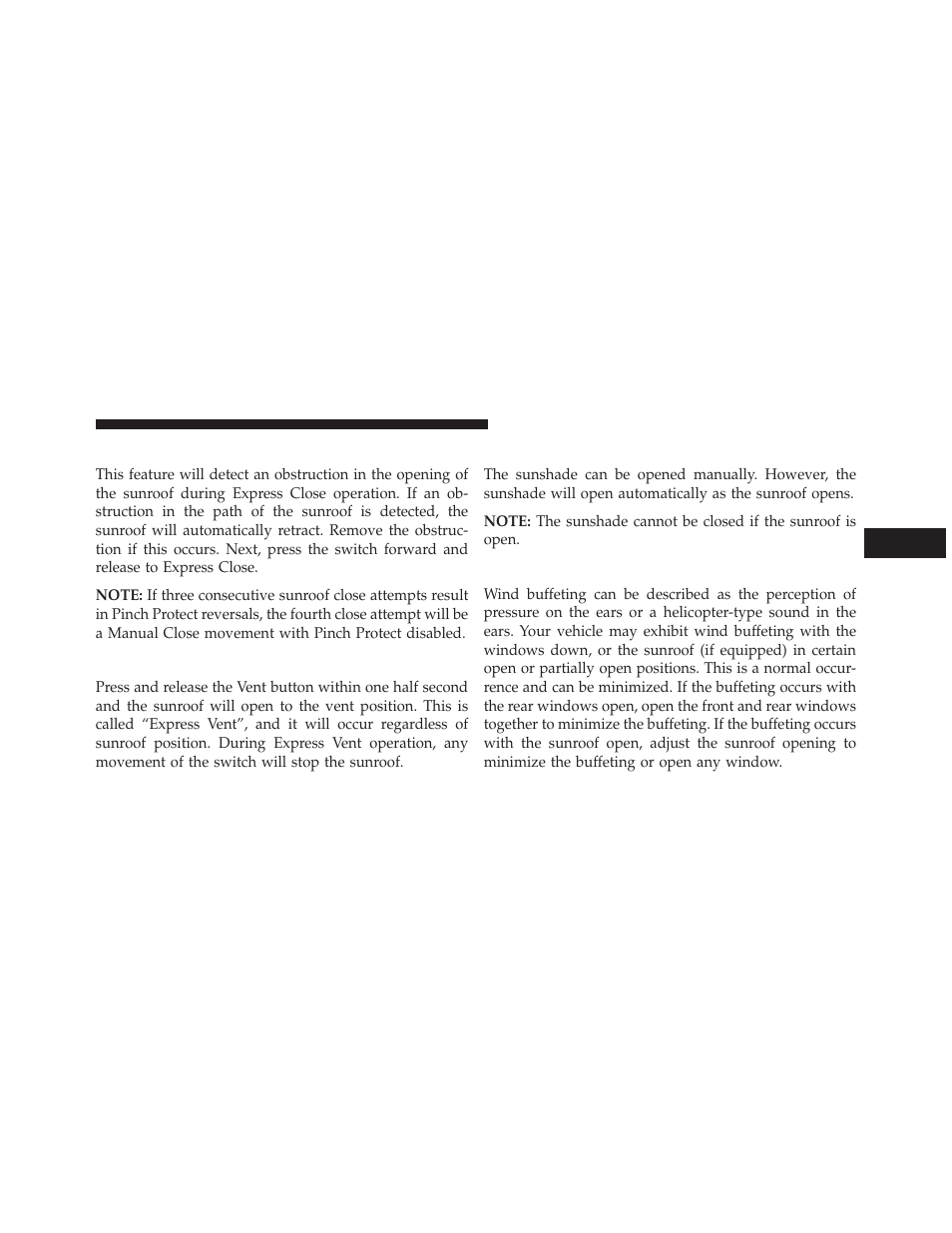 Pinch protect feature, Venting sunroof — express, Sunshade operation | Wind buffeting | Dodge 2014 Durango - Owner Manual User Manual | Page 257 / 664