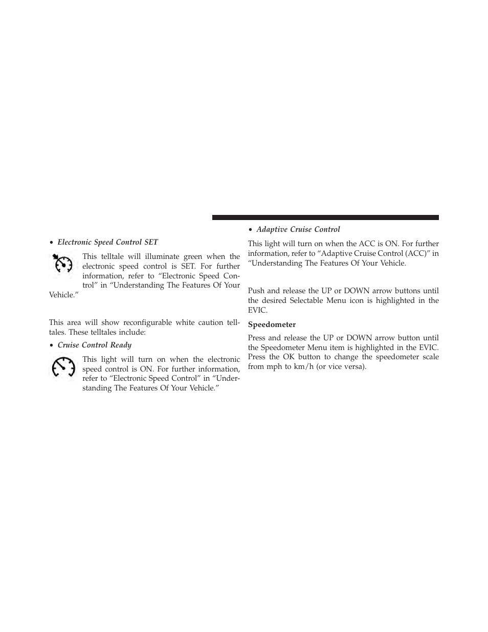 Evic green telltales, Evic white telltales, Evic selectable menu items | Speedometer | Dodge 2014 Durango - Owner Manual User Manual | Page 314 / 664