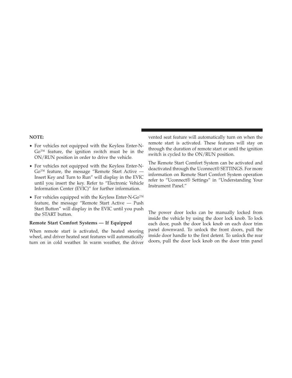 Remote start comfort systems — if equipped, Door locks, Manual door locks | Dodge 2014 Durango - Owner Manual User Manual | Page 34 / 664