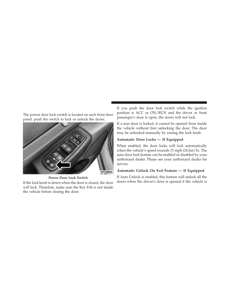 Power door locks, Automatic door locks — if equipped, Automatic unlock on exit feature — if equipped | Dodge 2014 Durango - Owner Manual User Manual | Page 36 / 664