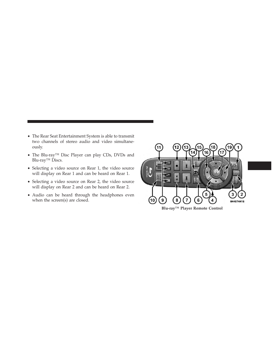 Important notes for dual video screen system, Blu-ray™ disc player remote control — if equipped, Important notes for dual video screen | System, Blu-ray™ disc player remote control — if, Equipped | Dodge 2014 Durango - Owner Manual User Manual | Page 369 / 664